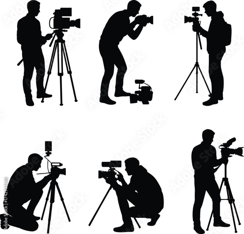 silhouette photographer with camera tripod filming shooting video production professional cameraman working recording studio content creator equipment media creative industry black white background