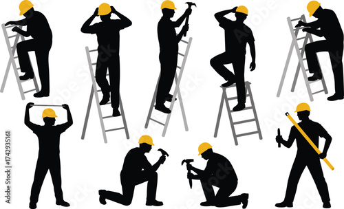 Silhouette construction workers, hard hats, ladder climbing, hammer use, measuring tools, industrial labor, occupational safety, teamwork roles, building site, construction industry