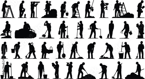 Silhouette gardeners, outdoor work, planting seeds, watering plants, digging soil, carrying tools, raking leaves, wheelbarrow use, ladder work, gardening activity, lifestyle illustration