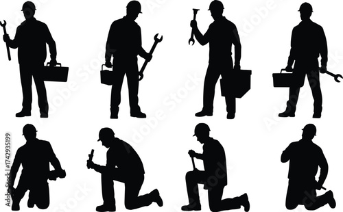Silhouette workers, mechanics with tools, construction technicians, wrench holding, hammer use, toolbox carrying, kneeling labor, bending posture, industrial workforce, occupational roles