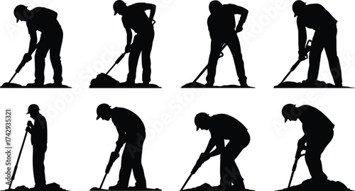 Silhouette people, metal detector users, searching ground, treasure hunting, hobby activity, outdoor exploration, scanning motion, bending posture, digging action, lifestyle leisure, discovery