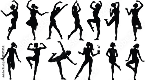 Silhouette people, dynamic poses, dancing movement, stretching body, expressive gestures, casual stance, holding cup, lifestyle activity, body language, fitness motion, modern illustration