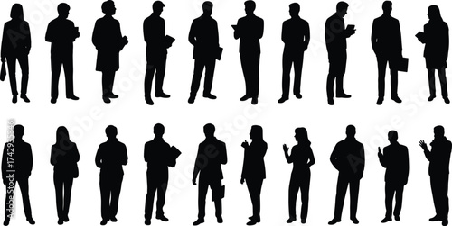 Silhouette business people, professional workers, office staff, teamwork communication, holding bags, tablet use, corporate group, workplace diversity, occupational roles, business meeting