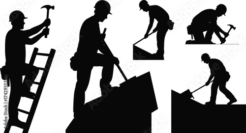 Silhouette construction workers, hard hats, ladder hammering, roofing work, ground digging, kneeling labor, teamwork, industrial workforce, occupational roles, building site, construction industry