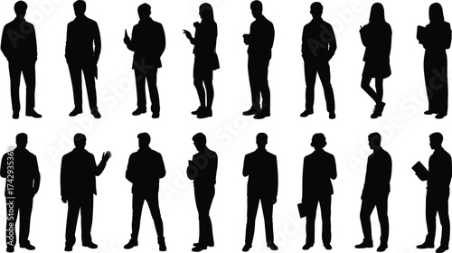 Silhouette business people, professional workers, office staff, teamwork communication, tablet holding, coffee cup, corporate group, workplace diversity, occupational roles, business meeting