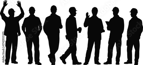 Silhouette construction workers, engineers in hard hats, teamwork communication, clipboard holding, industrial workforce, occupational roles, professional staff, building site, construction industry