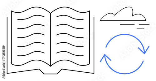 Open book with wavy lines, rotation arrows, and cloud element conveying learning, knowledge cycles, digital storage, information exchange, and education. Ideal for innovation, technology
