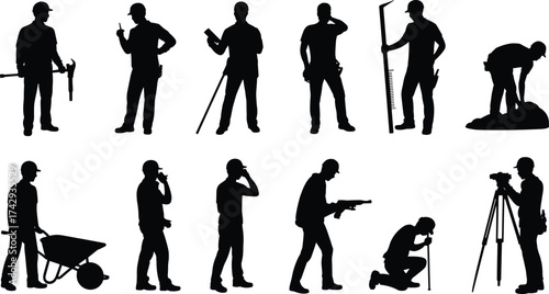 Silhouettes of construction and survey workers using tools, measuring equipment, and wheelbarrows at job site, vector illustration of labor teamwork