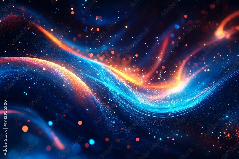 Fototapeta premium Abstract cosmic background with flowing light trails and scattered particles.