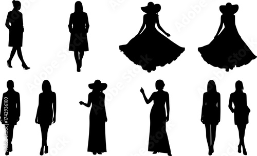 Collection of Diverse Women's Fashion Model Silhouettes in Various Poses and Attire, Including Coats, Elegant Dresses, and Hats, Isolated on White Background