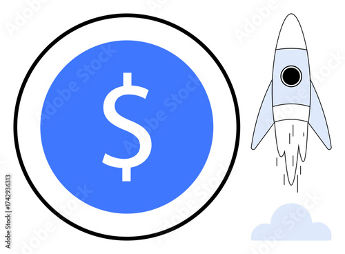 Blue dollar coin next to a rocket taking off, symbolizing startup growth, financial success, or revenue boost. Ideal for business, innovation, finance, investment, startups progress and goal