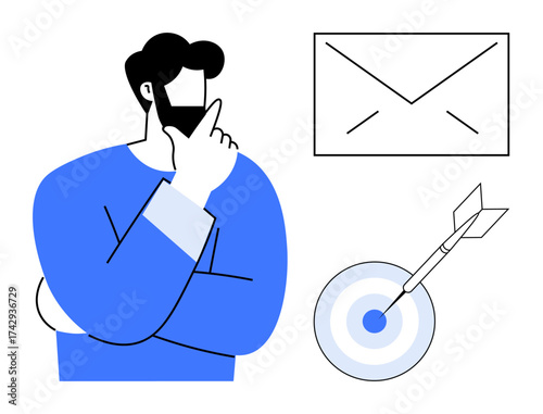Thoughtful man with hand on chin beside envelope and dartboard with arrow. Ideal for strategy, mail, focus, decision-making, planning, goals, communication. Simple flat metaphor