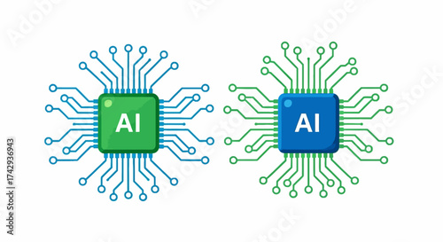 Two square AI chips with connected circuits one green and blue one blue and green on a white background
