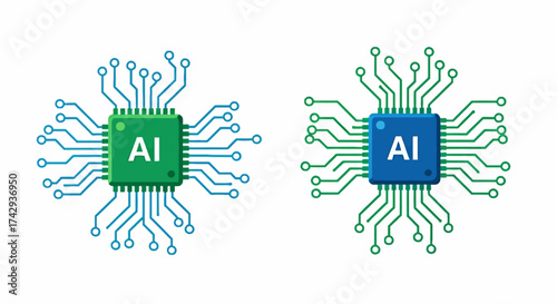 Two square AI chips with connected circuits one green and blue one blue and green on a white background