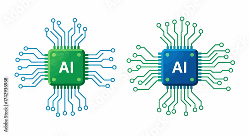 Two square AI chips with connected circuits one green and blue one blue and green on a white background