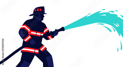 A brave firefighter in a dark uniform actively sprays a powerful stream of water from a hose, demonstrating heroic action and emergency response.