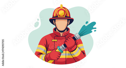 A dedicated emergency responder, clad in a protective red uniform and helmet, expertly operates a high-pressure water hose, symbolizing safety and service.