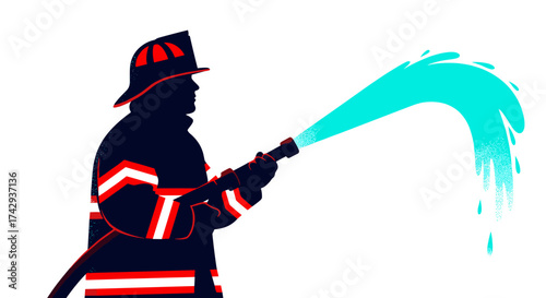A brave firefighter in uniform valiantly sprays a powerful stream of water from a hose, symbolizing protection and emergency response.