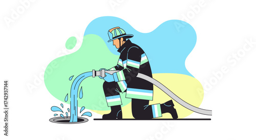 A dedicated firefighter in full gear expertly directs a powerful stream of water from a hose into a city drain, showcasing essential public service.