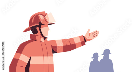 A dedicated emergency responder in a protective uniform and helmet extends an arm, guiding and ensuring safety with a professional demeanor.