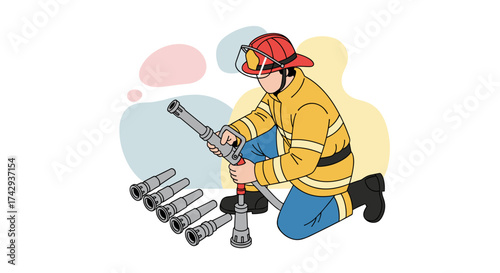 A dedicated firefighter in full protective uniform kneels to meticulously connect a specialized hose nozzle, preparing essential equipment for emergency response.