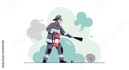 A dedicated firefighter in protective gear skillfully uses a fire extinguisher and hose to combat a blaze, illustrating essential emergency services and safety.