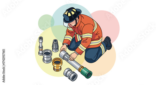 A dedicated firefighter meticulously assembles essential hose equipment, demonstrating readiness and precision in emergency response operations.