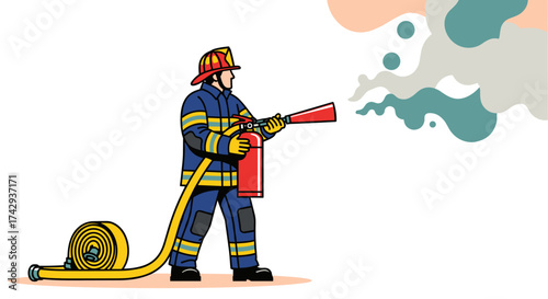 A courageous firefighter in a protective uniform skillfully operates a red fire extinguisher, demonstrating essential safety and rescue protocols.