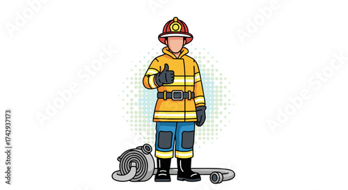 A dedicated firefighter, fully equipped in his uniform and helmet, confidently gives a thumbs-up gesture, symbolizing readiness and safety.