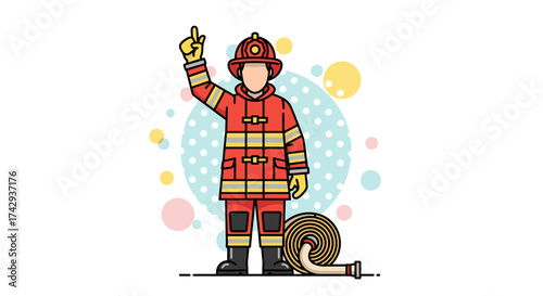 A brave firefighter in a red uniform stands alertly, pointing upwards, with a coiled hose ready for any emergency situation.