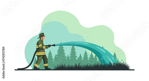 A brave firefighter in protective gear sprays a powerful stream of water to extinguish a dangerous wildfire threatening a serene forest environment.