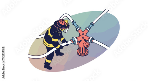 A dedicated firefighter in protective gear efficiently connects multiple water hoses to a red fire hydrant during an emergency response operation.