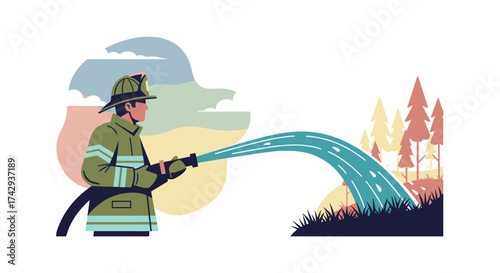 A dedicated firefighter in uniform expertly sprays water from a hose, actively working to extinguish a dangerous forest wildfire and safeguard nature.
