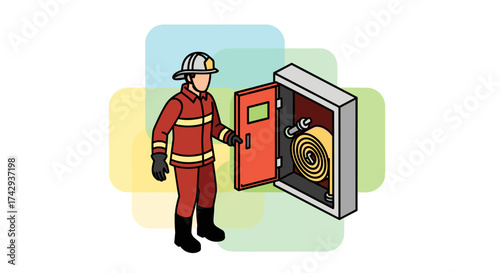A dedicated firefighter in protective gear stands beside an open fire hose cabinet, ready to respond to emergencies with essential safety equipment.