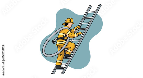 A dedicated first responder, equipped with safety gear and a fire hose, skillfully climbs a ladder during an urgent rescue operation.