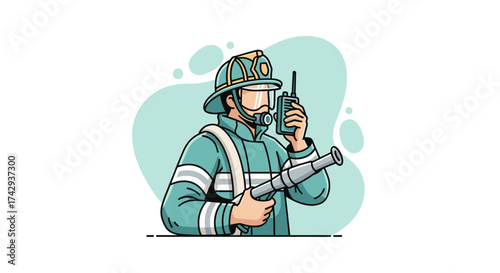 A dedicated firefighter, wearing protective uniform and helmet, holds a radio and hose nozzle, ready for emergency operations, depicted in a modern flat vector style.