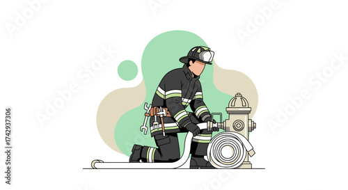 A brave firefighter in full protective gear meticulously connects a high-pressure hose to a robust fire hydrant, preparing for emergency response with dedication.