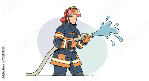 A courageous female firefighter in full protective gear actively sprays a powerful stream of water from a hose, symbolizing bravery and public service.