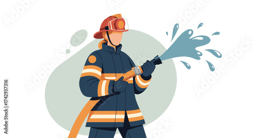 A brave firefighter, dressed in full protective uniform and helmet, skillfully sprays a powerful stream of water from a hose, ready for emergency response.