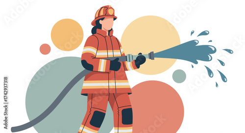 A dedicated female firefighter in protective gear bravely extinguishes a blaze with a powerful hose, symbolizing heroism and public safety.