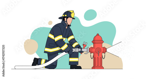 A dedicated firefighter in full uniform meticulously connects a high-pressure hose to a bright red fire hydrant, preparing for emergency response.