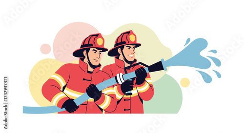 Two brave firefighters in protective gear actively extinguish a blaze with a powerful water hose, demonstrating teamwork and emergency response.