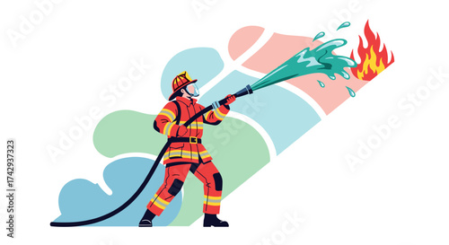 A courageous firefighter in protective gear actively extinguishes a blazing fire with a powerful hose, symbolizing emergency response and public safety.