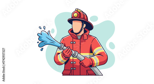A brave firefighter in a vibrant red uniform and protective helmet skillfully operates a powerful hose, actively spraying water to combat an emergency situation.