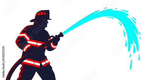 A brave firefighter in protective gear powerfully sprays a stream of bright blue water from a hose, combating emergencies with dedication.
