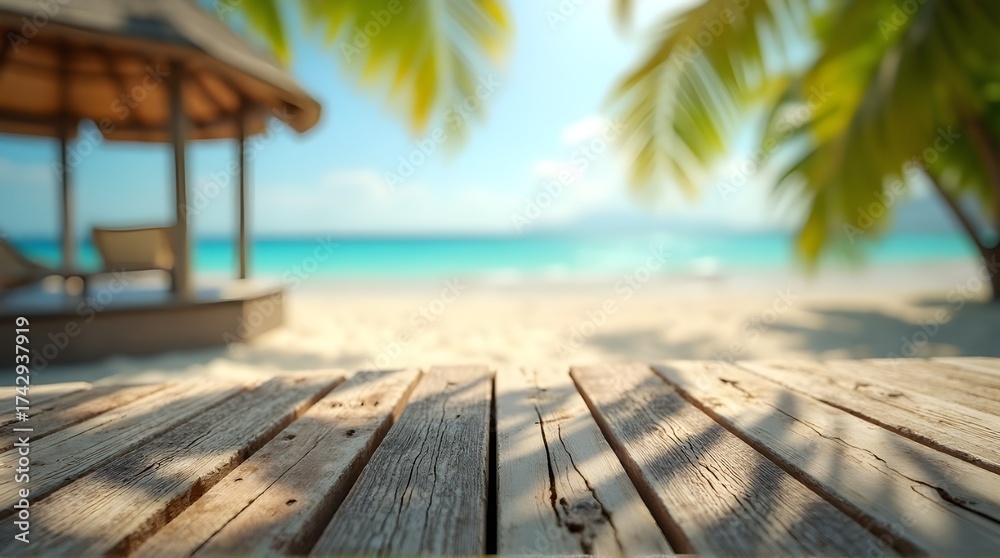 Fototapeta premium Serene tropical beach scene with wooden deck in foreground, offering a perfect vacation getaway escape