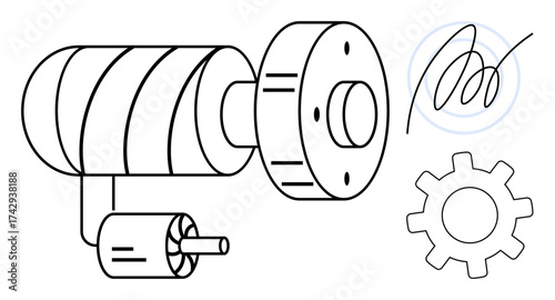 Electric motor, cylindrical gear, cogwheel, and spiral line suggest mechanical systems and motion. Ideal for engineering, automation, machinery, innovation, energy creativity simple flat metaphor