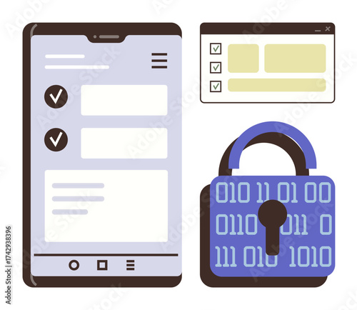 Smartphone displaying app interface with checklist, popup window, and padlock with binary code. Ideal for cybersecurity, data privacy, encryption, software security, tech development, user