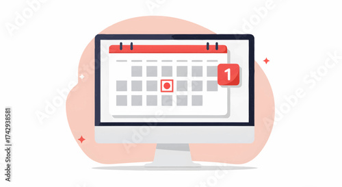 Modern flat illustration of a digital calendar on a computer monitor with a notification, representing online event planning, important reminders, and task management. Perfect for scheduling concepts