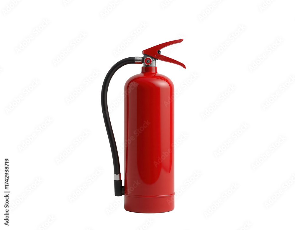 Obraz premium Red Fire Extinguisher with Hose and Nozzle Ready for Emergency Use